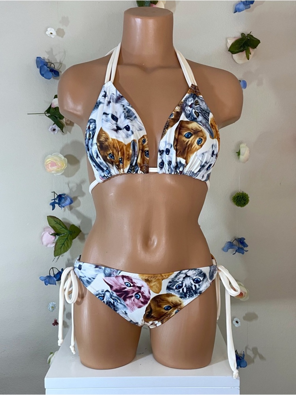 Cat Print Tie-Side Bikini Top and Bottom - White